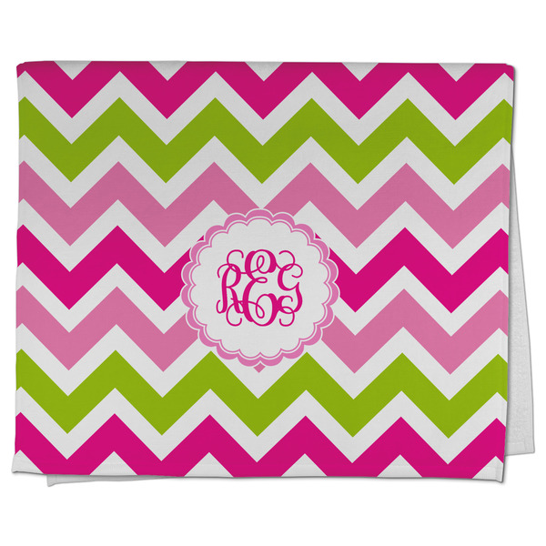 Custom Pink & Green Chevron Kitchen Towel - Poly Cotton w/ Monograms