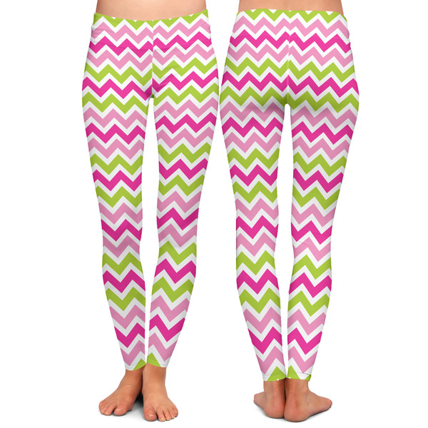 Pink & Green Chevron Ladies Leggings - Front and Back