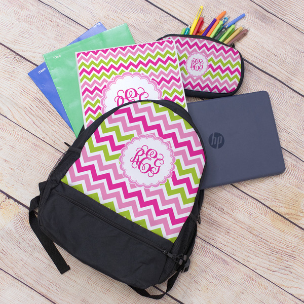 Pink & Green Chevron Large Backpack - Black - With Stuff