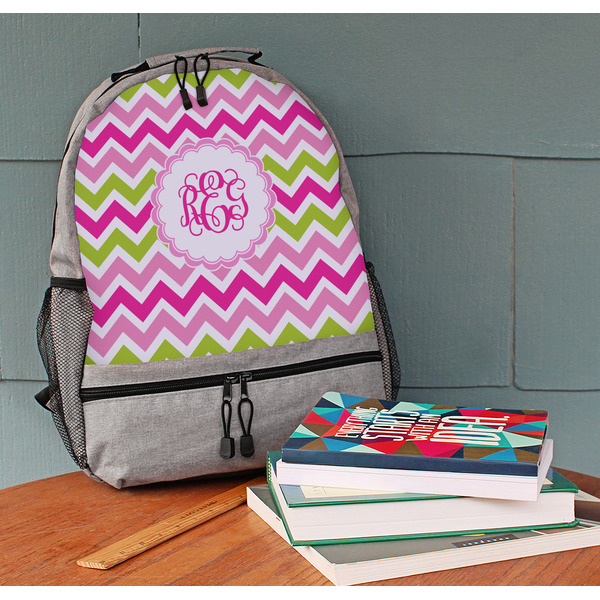 Pink & Green Chevron Large Backpack - Gray - On Desk