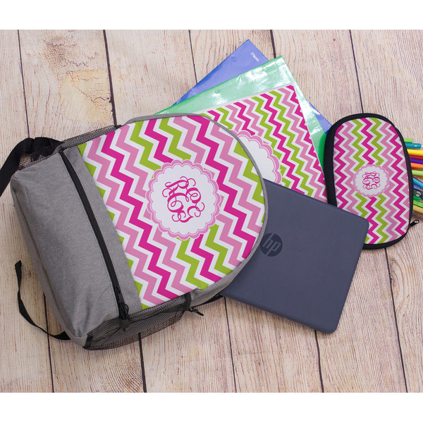 Pink & Green Chevron Large Backpack - Gray - With Stuff