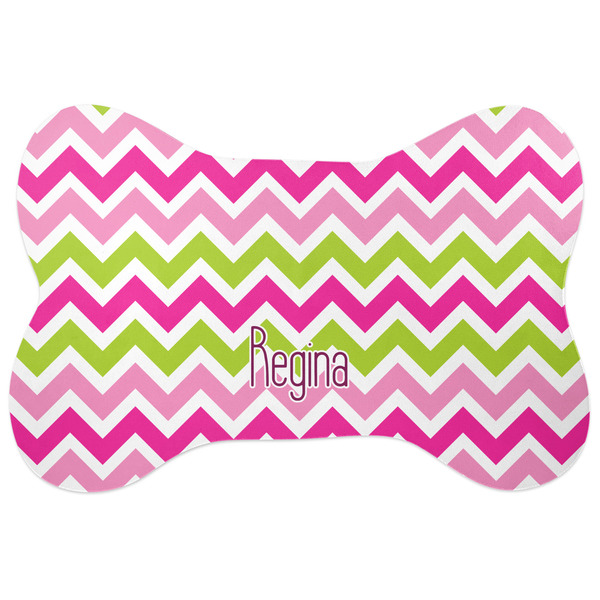 Custom Pink & Green Chevron Bone Shaped Dog Food Mat (Large) (Personalized)