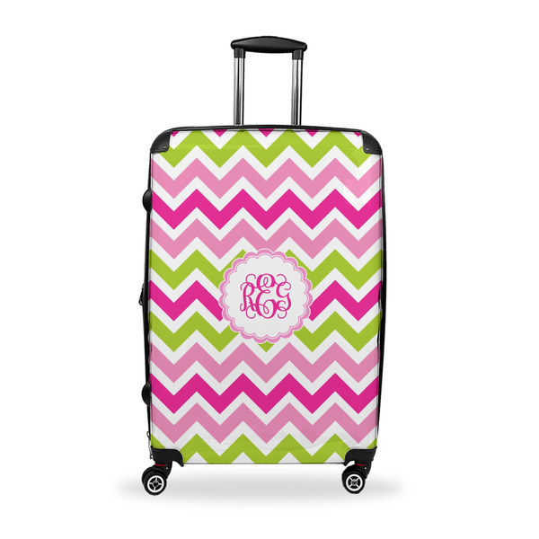 Custom Pink & Green Chevron Suitcase - 28" Large - Checked w/ Monogram