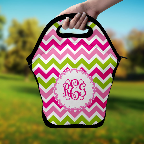 Pink & Green Chevron Lunch Bag - Hand