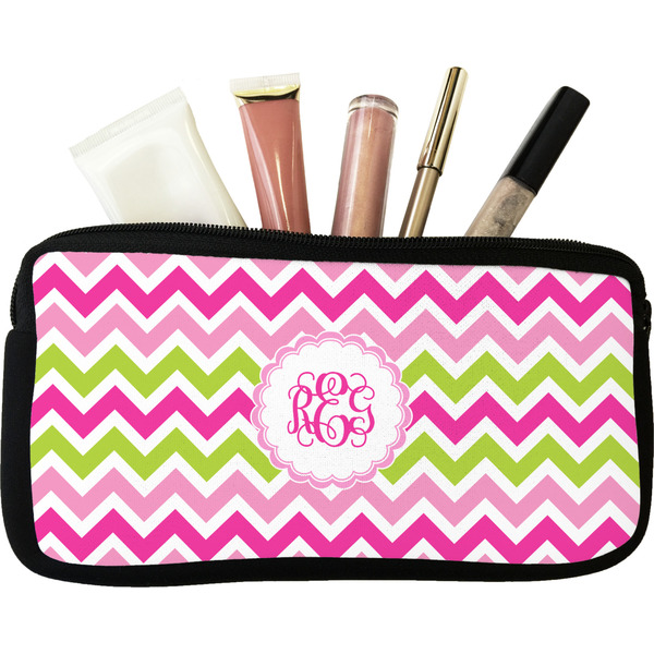 Custom Pink & Green Chevron Makeup / Cosmetic Bag (Personalized)
