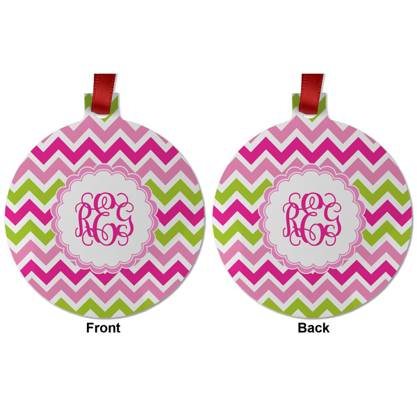 Pink & Green Chevron Metal Ball Ornament - Front and Back