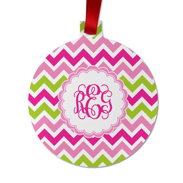 Custom Pink & Green Chevron Metal Ball Ornament - Double Sided w/ Monogram