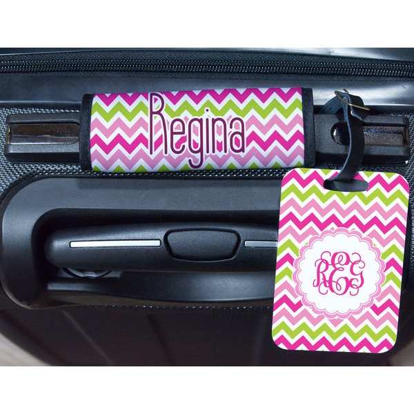 Pink & Green Chevron Metal Luggage Tag & Handle Wrap - In Context