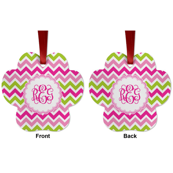 Pink & Green Chevron Metal Paw Ornament - Front and Back