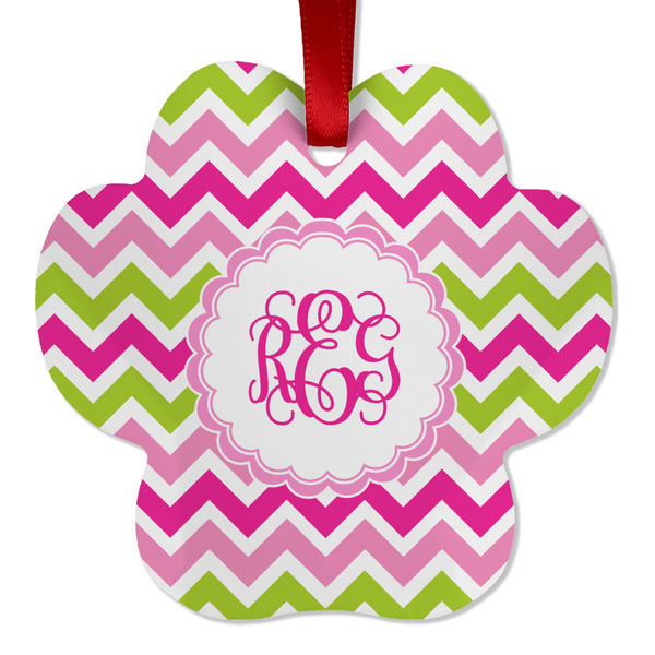 Custom Pink & Green Chevron Metal Paw Ornament - Double Sided w/ Monogram
