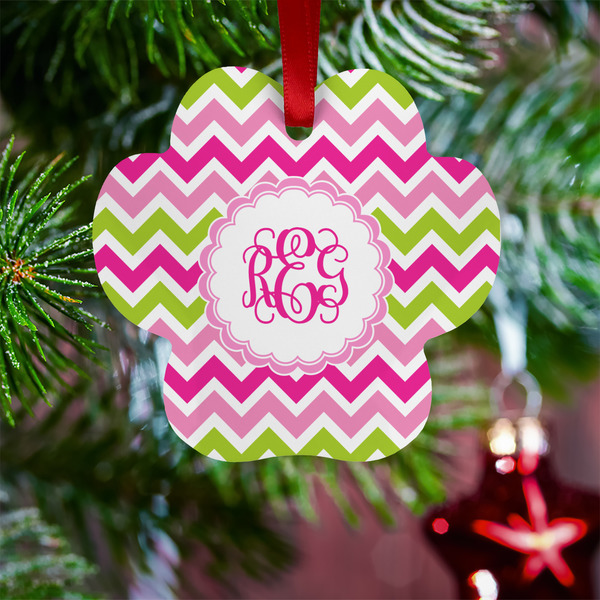 Pink & Green Chevron Metal Paw Ornament - Lifestyle