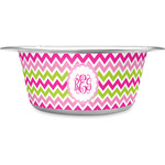 Pink & Green Chevron Stainless Steel Dog Bowl - Large (Personalized)
