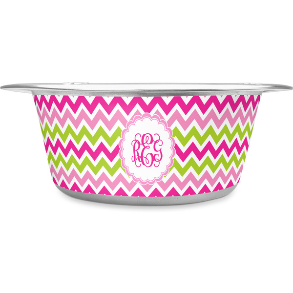 Custom Pink & Green Chevron Stainless Steel Dog Bowl - Large (Personalized)