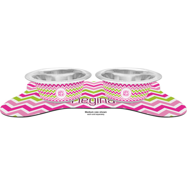 Pink & Green Chevron Metal Pet Bowls - On Dog Bone Shaped Mat