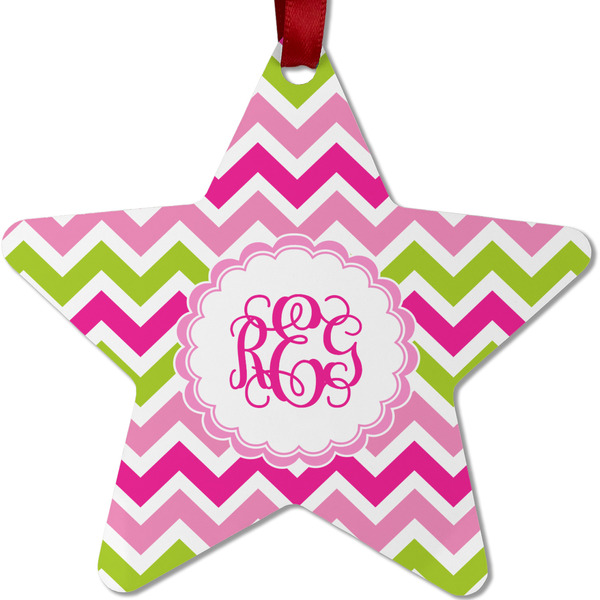 Custom Pink & Green Chevron Metal Star Ornament - Double Sided w/ Monogram