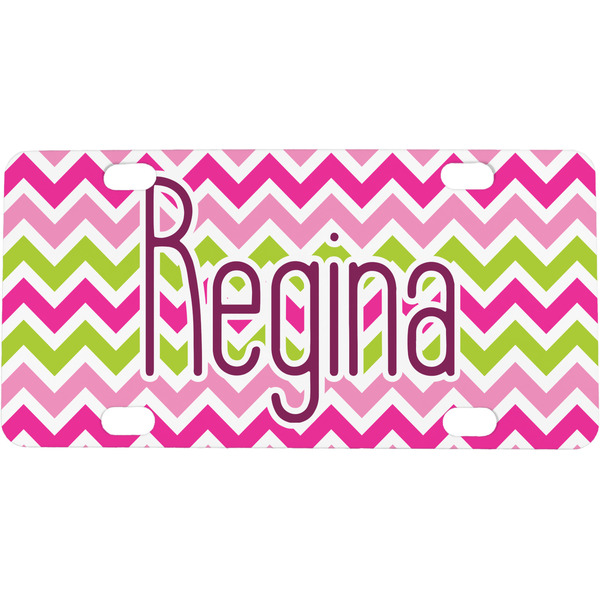 Custom Pink & Green Chevron Mini / Bicycle License Plate (4 Holes) (Personalized)