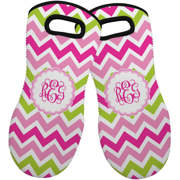 Custom Pink & Green Chevron Neoprene Oven Mitts - Set of 2 w/ Monogram