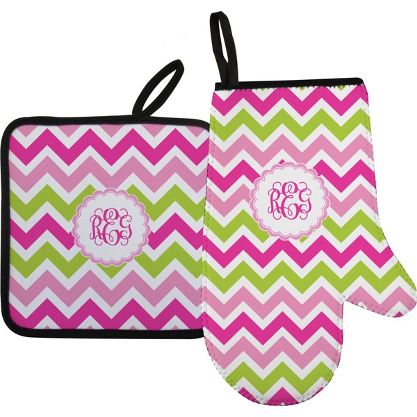 Custom Pink & Green Chevron Right Oven Mitt & Pot Holder Set w/ Monogram