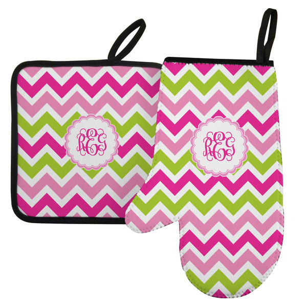 Custom Pink & Green Chevron Left Oven Mitt & Pot Holder Set w/ Monogram