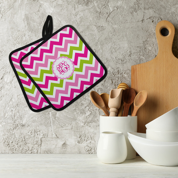 Pink & Green Chevron Neoprene Pot Holder - Set of 2  LIFESTYLE