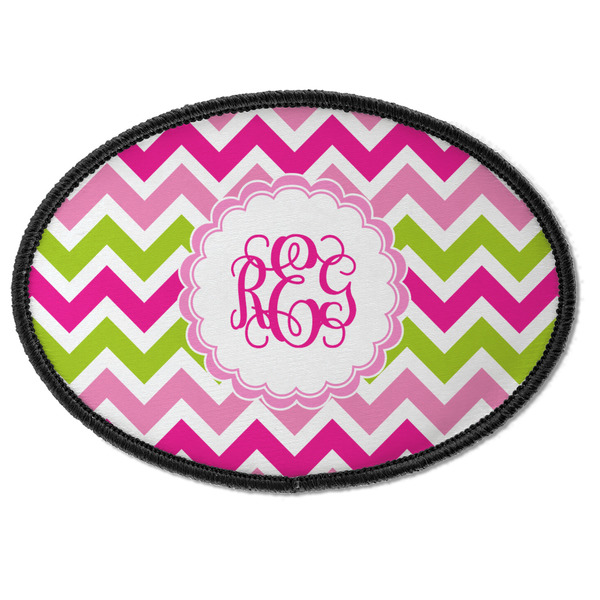 Custom Pink & Green Chevron Iron On Oval Patch w/ Monogram