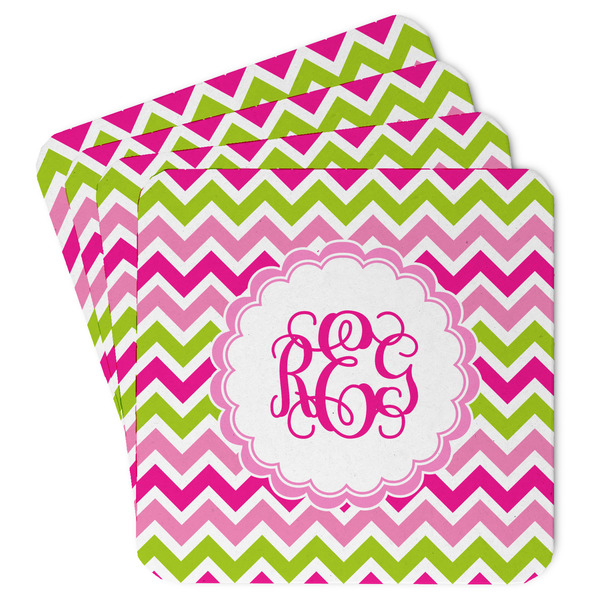 Custom Pink & Green Chevron Paper Coasters w/ Monograms