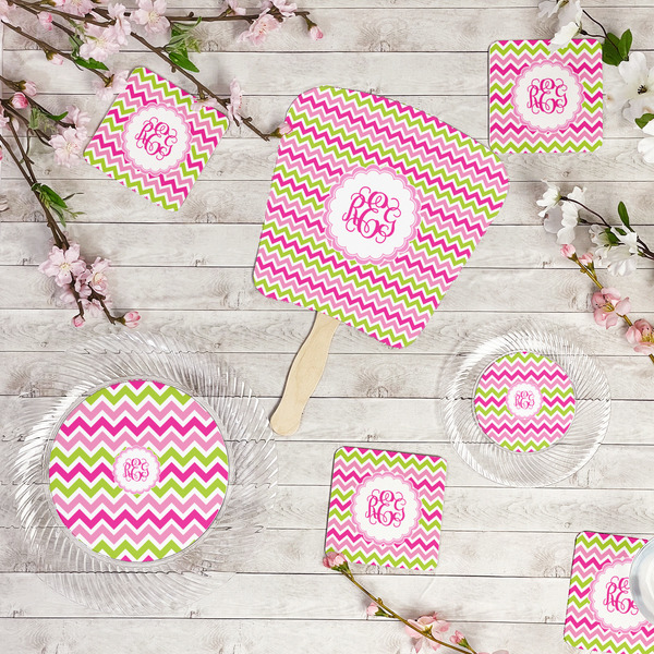Pink & Green Chevron Party Supplies Combination Image - All items - Plates, Coasters, Fans