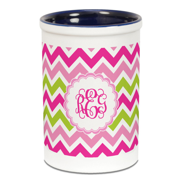 Custom Pink & Green Chevron Ceramic Pencil Holders - Blue