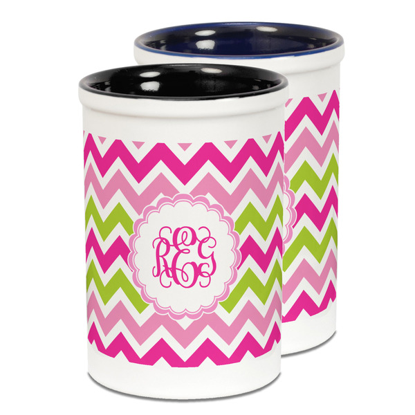 Custom Pink & Green Chevron Ceramic Pencil Holder - Large