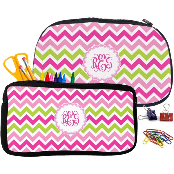 Pink & Green Chevron Pencil / School Supplies Bags Small and Medium