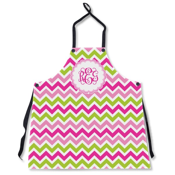 Custom Pink & Green Chevron Apron Without Pockets w/ Monogram