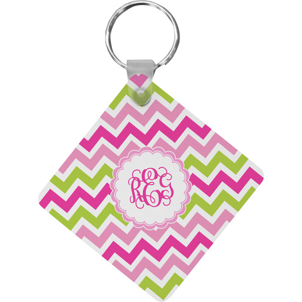Custom Pink & Green Chevron Diamond Plastic Keychain w/ Monogram