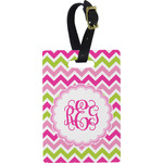 Pink & Green Chevron Plastic Luggage Tag - Rectangular w/ Monogram