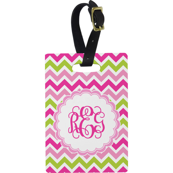 Custom Pink & Green Chevron Plastic Luggage Tag - Rectangular w/ Monogram
