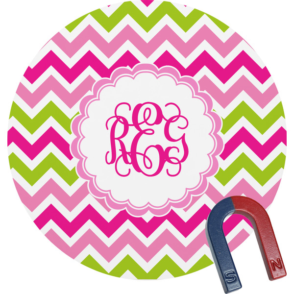Custom Pink & Green Chevron Round Fridge Magnet (Personalized)