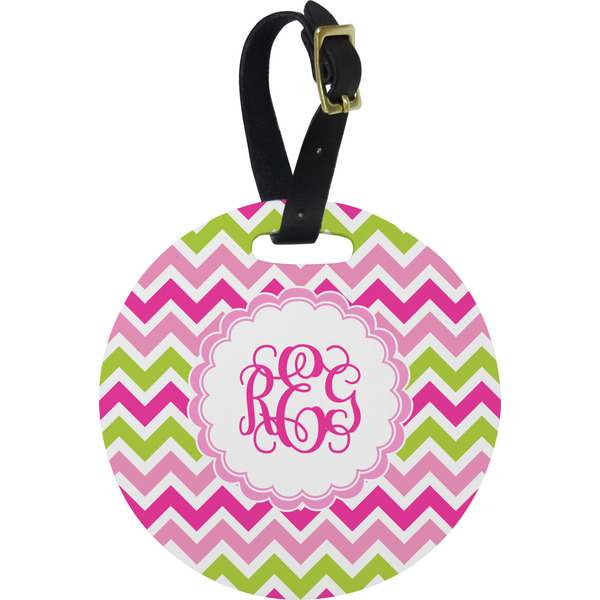 Custom Pink & Green Chevron Plastic Luggage Tag - Round (Personalized)