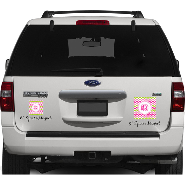 Pink & Green Chevron Personalized Square Car Magnets on Ford Explorer