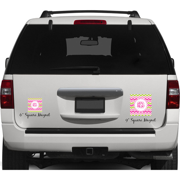 Pink & Green Chevron Personalized Square Car Magnets on Ford Explorer