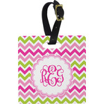 Pink & Green Chevron Plastic Luggage Tag - Square w/ Monogram