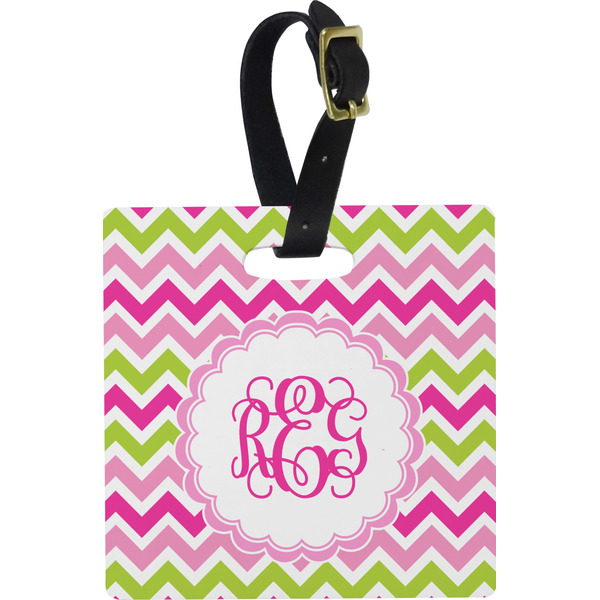 Custom Pink & Green Chevron Plastic Luggage Tag - Square w/ Monogram