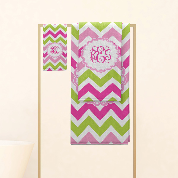 Pink & Green Chevron Personalized Towel Set