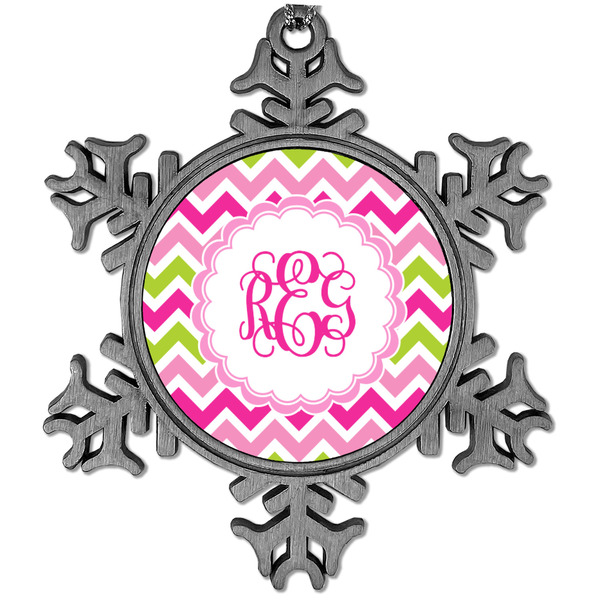 Custom Pink & Green Chevron Vintage Snowflake Ornament (Personalized)