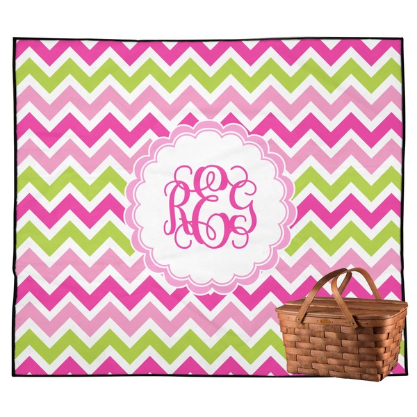 Custom Pink & Green Chevron Outdoor Picnic Blanket (Personalized)