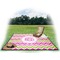 Pink & Green Chevron Picnic Blanket - with Basket Hat and Book - in Use
