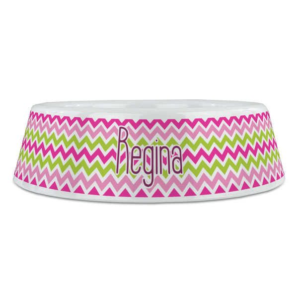 Pink & Green Chevron Plastic Pet Bowls - Large - FRONT