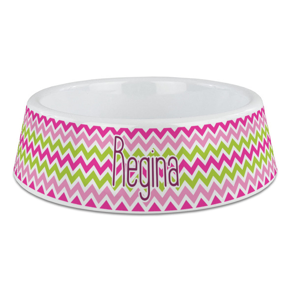 Custom Pink & Green Chevron Plastic Dog Bowl - Large (Personalized)