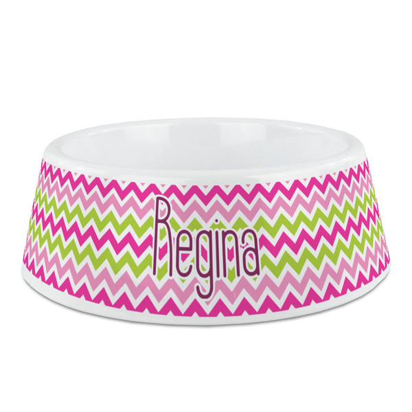 Custom Pink & Green Chevron Plastic Dog Bowl - Medium (Personalized)