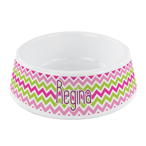 Custom Pink & Green Chevron Plastic Dog Bowl - Small (Personalized)