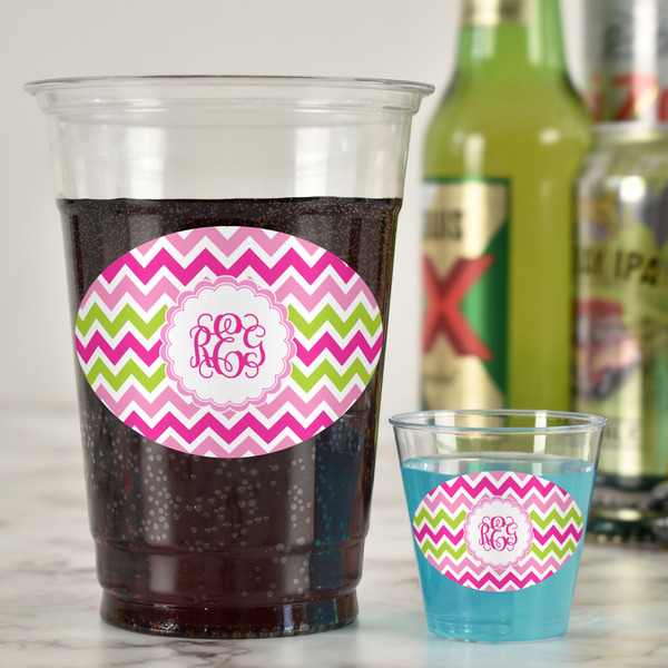 Pink & Green Chevron Plastic Shot Glasses - In Context
