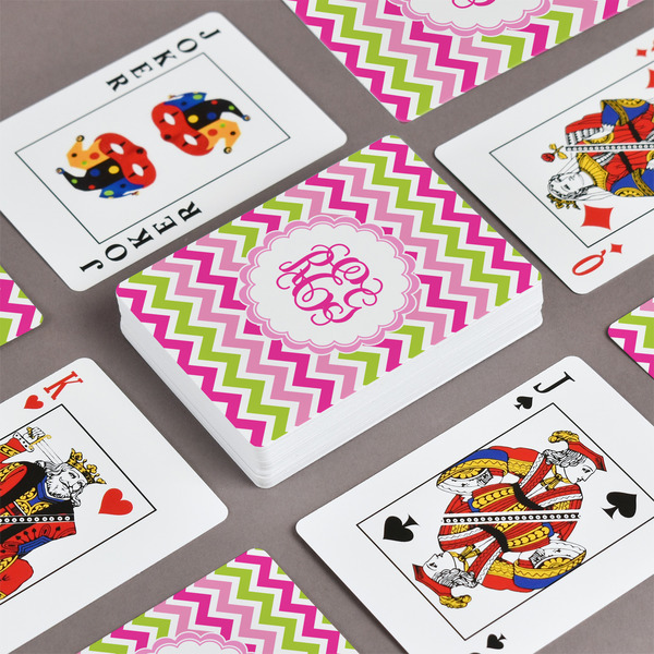 Pink & Green Chevron Playing Cards - Front & Back View